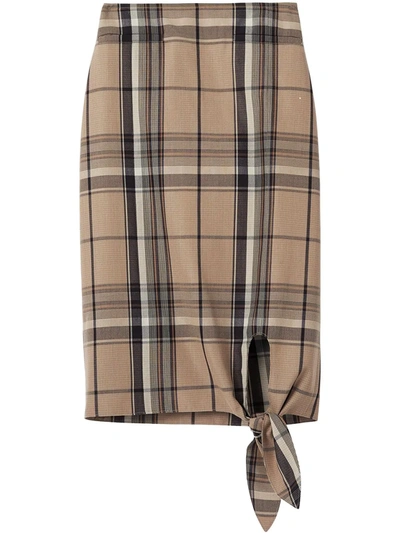 Shop Burberry Knot Detail Check Pencil Skirt In Driftwood Ip Pattern