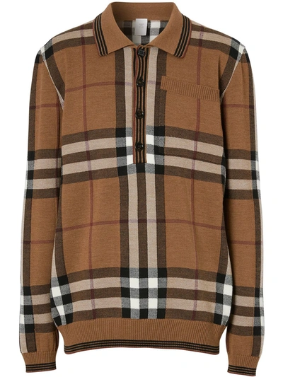 Shop Burberry Intarsia Check Wool Polo Shirt In Birch Brown Ip Pttn