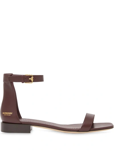 Shop Burberry Logo Print Calf Leather Sandals In Oxblood