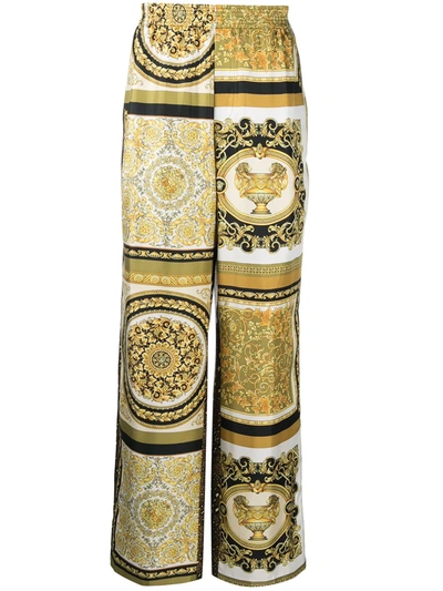 Shop Versace Mixed-print Silk Trousers In Brown