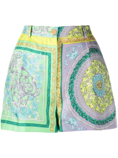 Shop Versace Printed Silk Shorts In Green