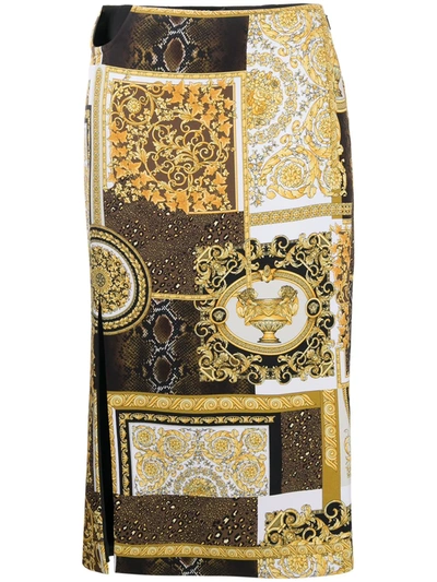 Shop Versace Printed Slit-detail Skirt In Gold