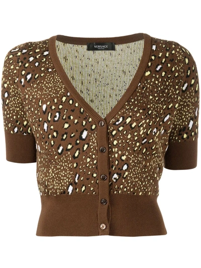 Shop Versace Leopard-print V-neck Cardigan In Brown