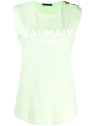 Shop Balmain Button-embellished Logo Tank Top In Green