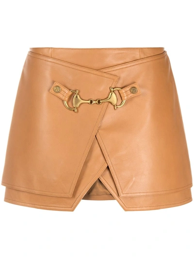 Shop Balmain Short Layered Leather Wrap Skirt In Brown