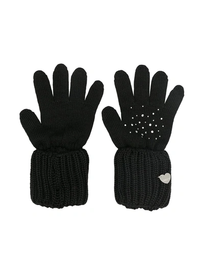 Shop Monnalisa Rhinestone-embellished Knitted Gloves In Black