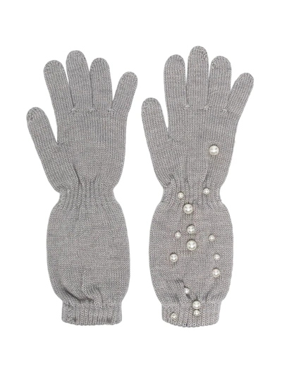 Shop Monnalisa Faux Pearl-embellished Knitted Gloves In Grey