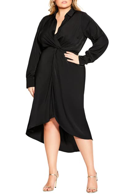 City Chic Sleek Long Sleeve Faux Wrap Dress In Black | ModeSens