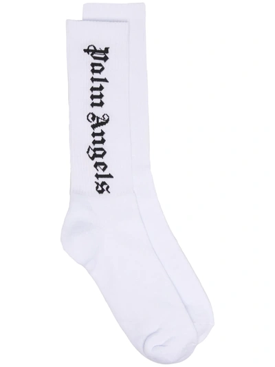 Shop Palm Angels Logo Intarsia-knit Socks In White