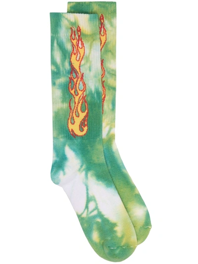 Shop Palm Angels Tie-dye Jacquard Flame Socks In Green