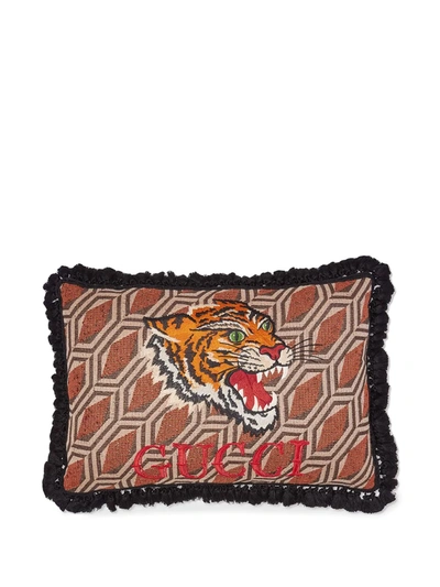 Shop Gucci Reversible Embroidered Cushion In Brown