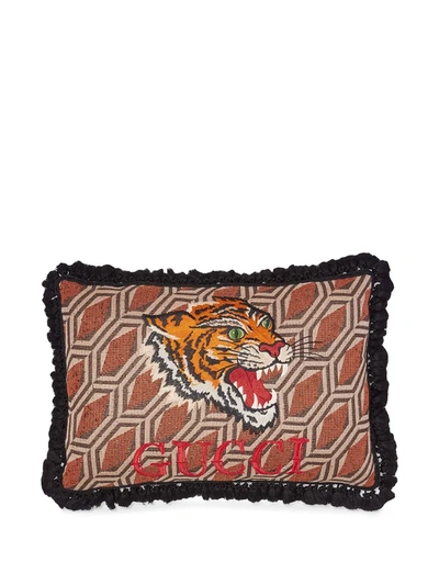 Shop Gucci Reversible Embroidered Cushion In Brown