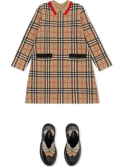 Shop Burberry Checkered Long-sleeved Dress In Archive Beige