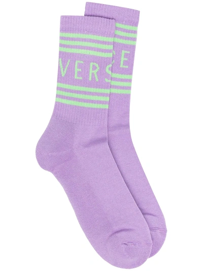 Shop Versace Ribbed Logo Socks In Purple