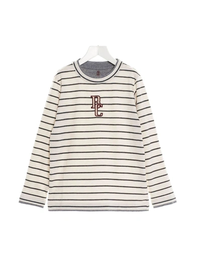 Shop Brunello Cucinelli Striped Logo T-shirt In Beige And Grey