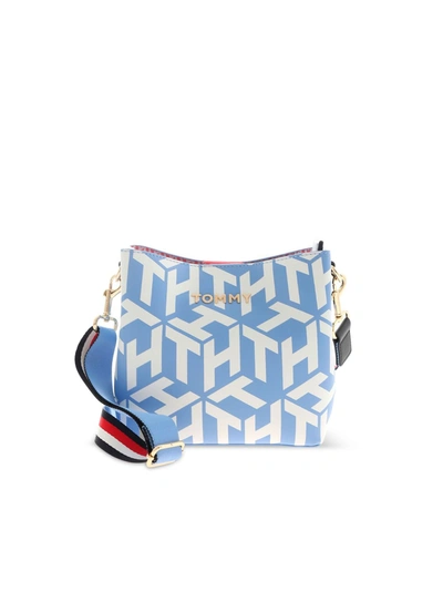Shop Tommy Hilfiger Iconic Tommy Bucket Bag In Light Blue And Whi