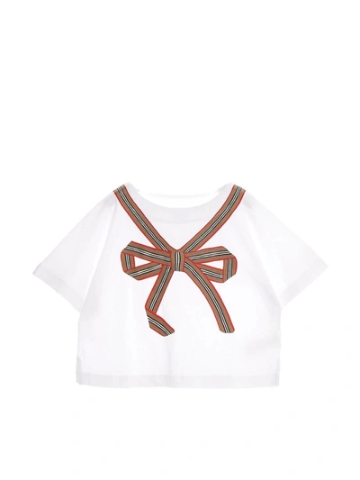 Shop Burberry Striped Bow T-shirt In White