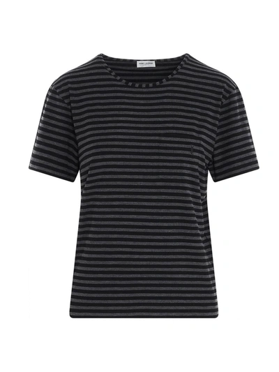 Shop Saint Laurent Striped Ysl T-shirt In Grey