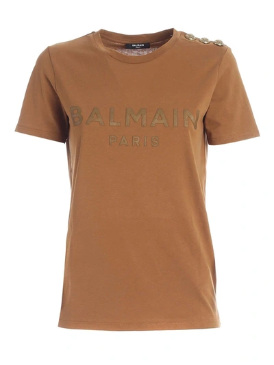 Shop Balmain Buttons On The Shoulder T-shirt In Camel Colo