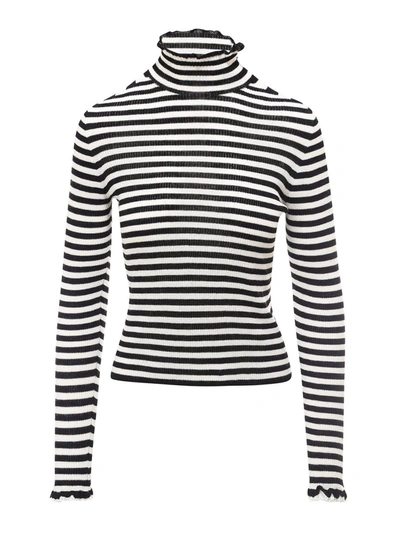 Shop Philosophy Di Lorenzo Serafini Turtle-neck Striped Sweater With Ruffles In B In Black