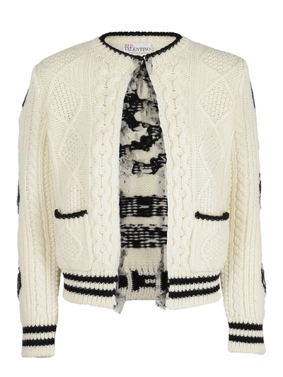 Shop Red Valentino Ribbed Virgin Wool Cardigan In Cream