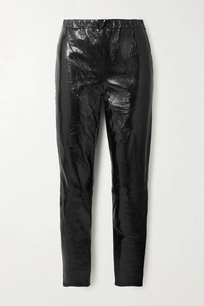Shop J Brand Edita Crinkled Coated Cotton-blend Leggings In Black