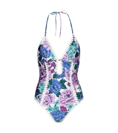 Shop Zimmermann Poppy Crocheted Floral Swimsuit In Purple