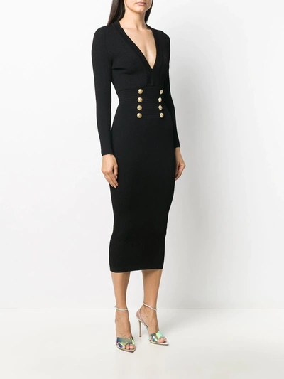 Shop Balmain V-neck Knitted Midi Dress In Black