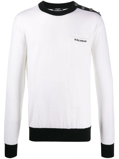 Shop Balmain Contrast Trim Knitted Jumper In White
