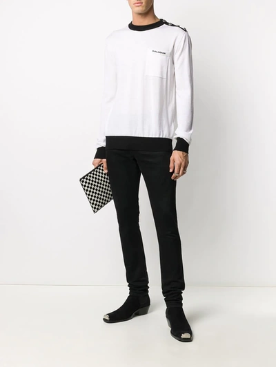 Shop Balmain Contrast Trim Knitted Jumper In White