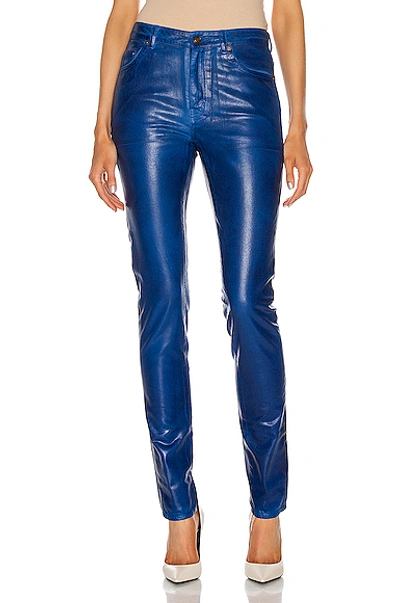 Shop Saint Laurent Skinny 5 Pocket Pant Med In Vinyle Shiny Blue