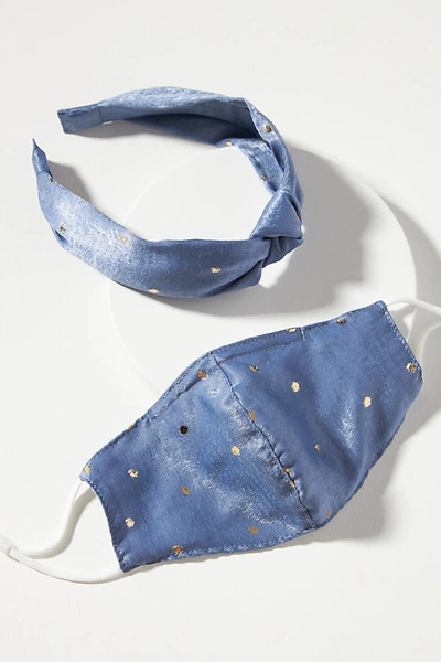 Shop Anthropologie Velvet Headband & Ear Loop Reusable Face Mask Set In Blue