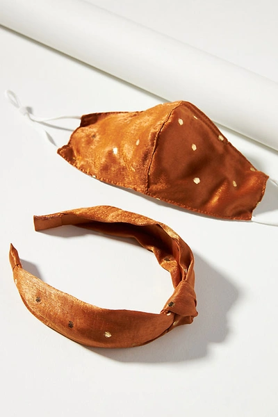 Shop Anthropologie Velvet Headband & Ear Loop Reusable Face Mask Set In Orange