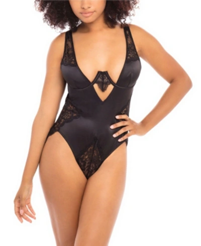 Shop Oh La La Cheri Women's High Apex Teddy Lingerie With Deep Plunging Neckline And Lace Inserts In Black