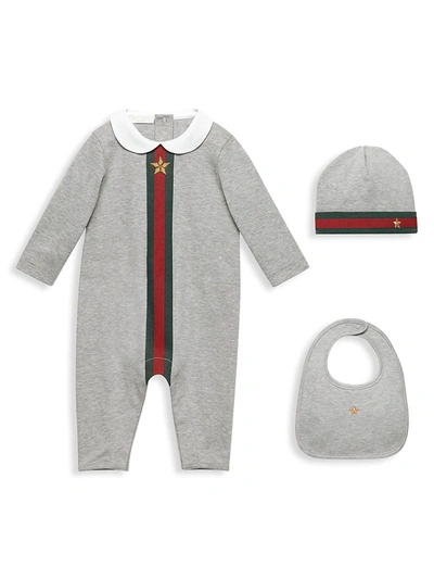 Shop Gucci Baby's Three-piece Coverall, Bib & Hat Gift Set In Grey Multi