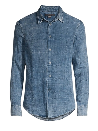 Shop John Varvatos Men's Long-sleeve Windowpane Denim Button-down Shirt In Indigo