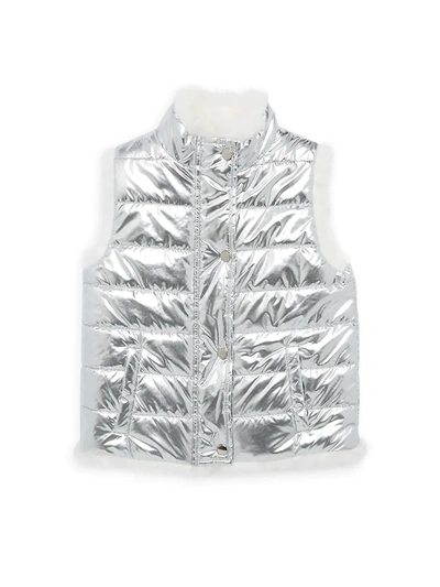 Shop Adrienne Landau Little Girl's & Girl's Rabbit Fur-lined Metallic Puffer Vest In Silver White