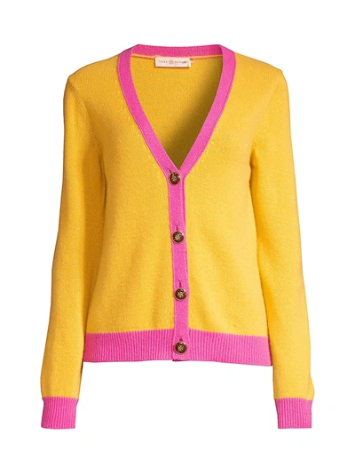Shop Tory Burch Women's Contrast-trim Cashmere Cardigan Sweater In Lemon Drop Fire Pink