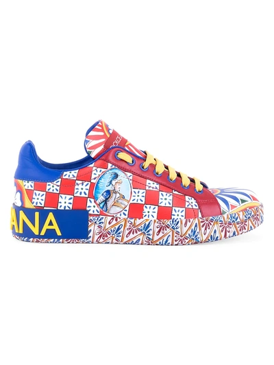 Shop Dolce & Gabbana Portofino Print Leather Sneakers In Neutral