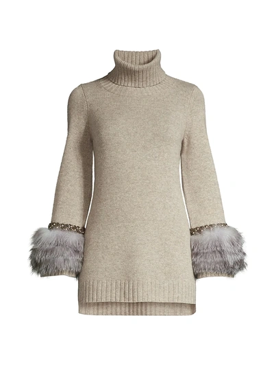 Shop Sofia Cashmere Cashmere Fur-cuff Turtleneck Sweater In Taos Natural Fur