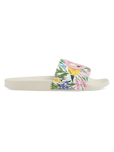 Shop Gucci Pursuit Floral Slide Sandals In Ivory Pink
