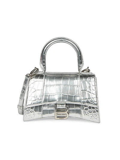 Shop Balenciaga Xs Hourglass Metallic Croc-embossed Leather Top Handle Bag In Silver