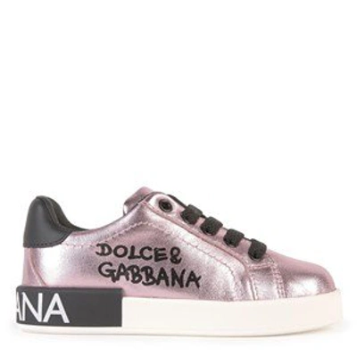 Shop Dolce & Gabbana Pink Mini Me Metallic Leather Trainers