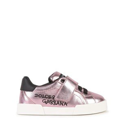 Shop Dolce & Gabbana Pink Mini Me Metallic Leather Trainers