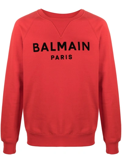 Shop Balmain Flocked Logo Sweatshirt In Red