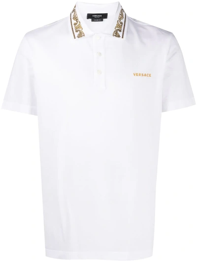 Shop Versace Rhinestone-embellished Logo Polo Shirt In White