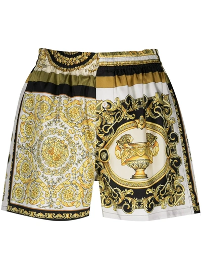 Shop Versace Baroque-print Silk Shorts In Yellow
