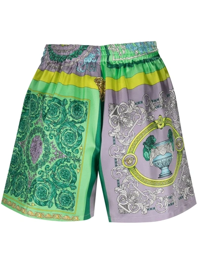 Shop Versace Baroque-print Silk Shorts In Green