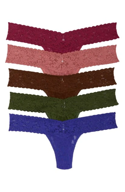 Shop Hanky Panky 5-pack Low Rise Lace Thongs In Dark Pomegranet/ Pink/ Green
