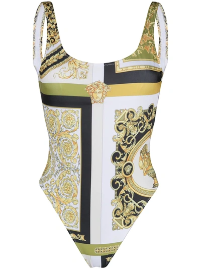 Shop Versace Baroque-print Logo Swimsuit In Yellow